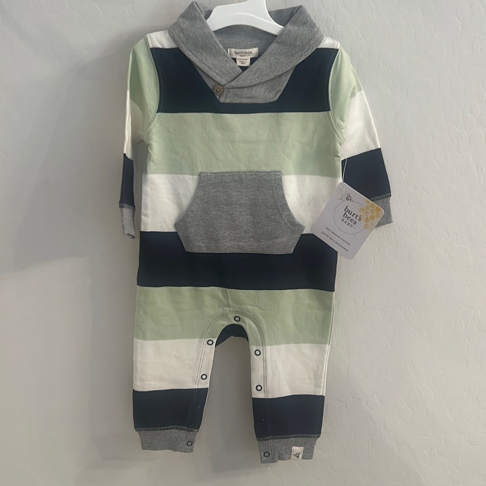 Burt's Bees Baby Green and Gray Striped Bodysuit